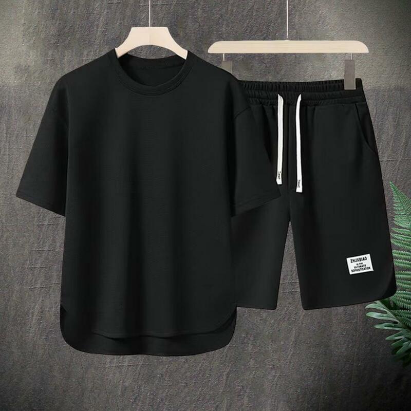 Pullover Sweatshirt Shorts Set Men's Summer Casual Outfit Set O-neck Short Sleeve T-shirt Elastic Drawstring Waist Wide for A