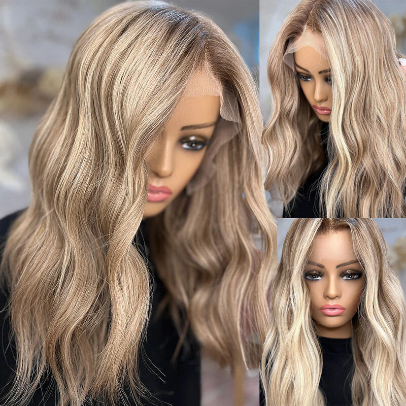 Peluca de cabello humano ondulado para mujer, postizo de encaje transparente HD, color marrón, Rubio degradado, brasileño, 360