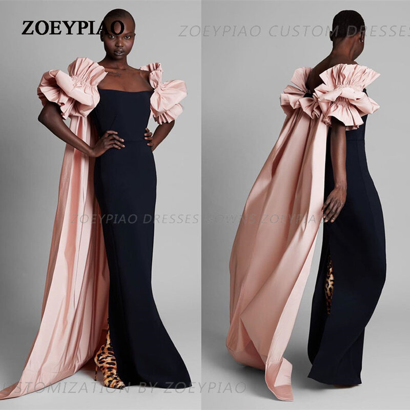 Mode Zwart/Roze Satijn Mouwloze Luxe Avondjurken Strapless Lange Cape Vloerlengte Arabische Elegante Feestjurk
