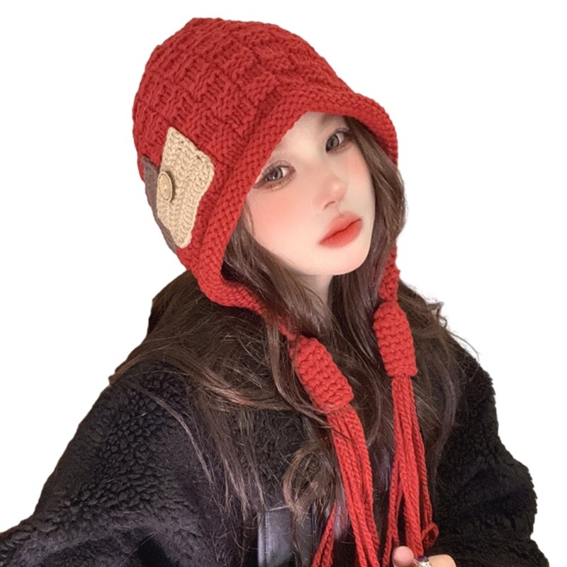 Kwasten muts met oorflap schattige oren hoed Y2k gotische handgemaakte gehaakte muts voor dames tienermeisjes winter