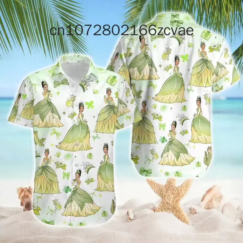 Chemise hawaïenne Disney Tiana Princess, manches courtes, chemise boutonnée, chemise de plage décontractée, nouveau