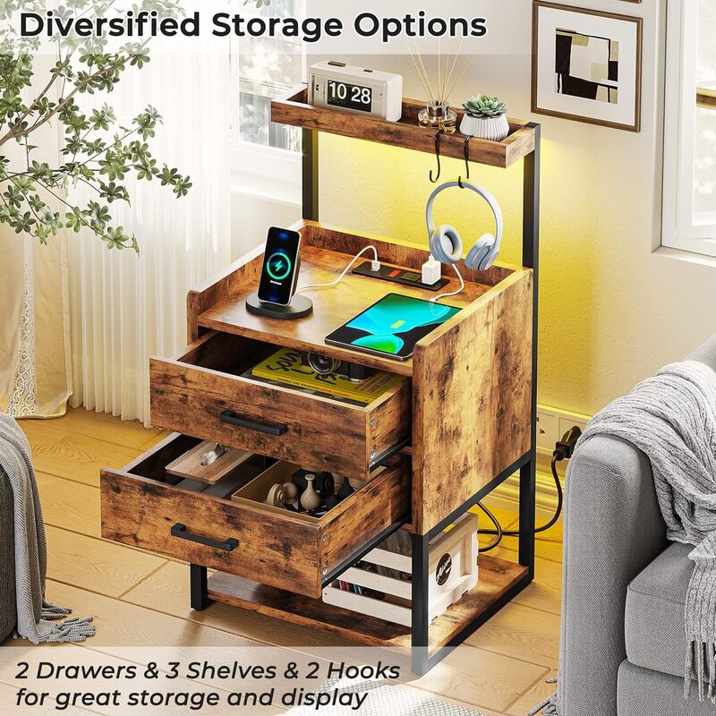 Nightstand with LED Lights and Charging Station, 2Drawers Bedroom Night Stand, 2USB Ports, 2 Outlets Bed Side Table with Storage