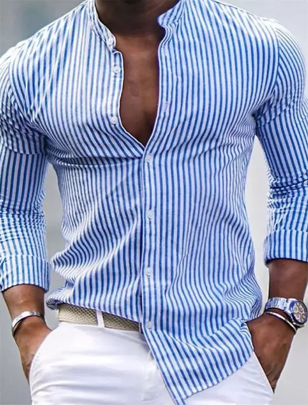 Camisa hawaiana de manga larga para hombre, camisa informal con botones, cuello levantado a rayas, ropa de vacaciones, Top estampado, S-6XL, novedad de 2024
