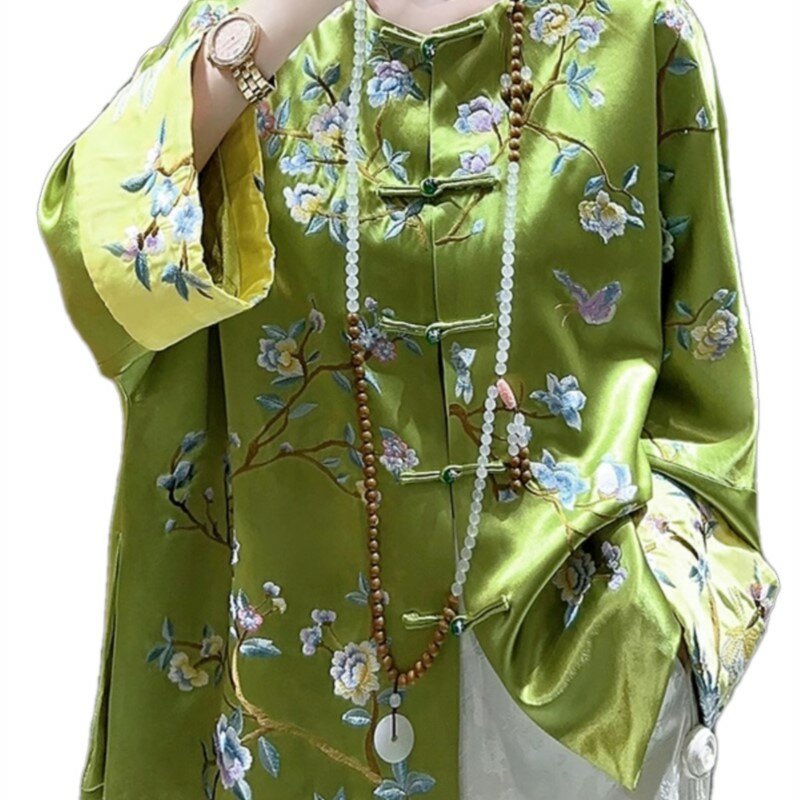 Nowy chiński damski płaszcz z haftem octanowym, okrągły dekolt, wielokolorowy, z długim rękawem, ulepszony kardigan w stylu narodowym