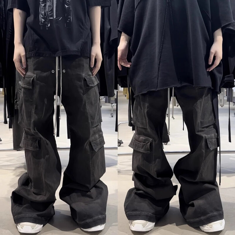 Pantalones vaqueros holgados para Hombre, pantalón de pierna ancha con múltiples bolsillos, color gris humo, con cordón, estilo RO