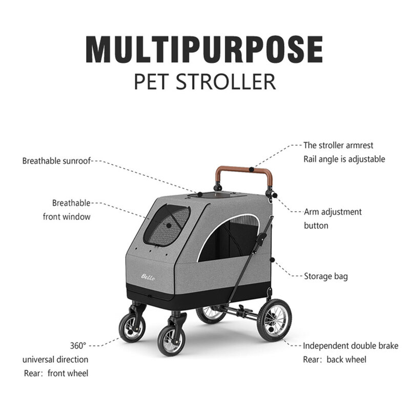 4-wheels Large Dog Cart with Folding Type Frame Portable Carrier Cats and Dogs Stroller for 50KG Pet To Carrying L01G