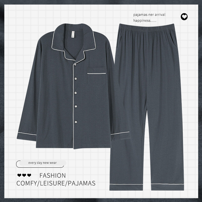 Conjuntos de pijamas de algodón suave para hombre, ropa de dormir informal suelta, cárdigan de manga larga, Color sólido, primavera y otoño