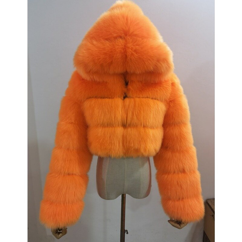 2023 zimowa nowa damskie sztuczne futro zagęszczona ciepła z kapturem krótka kurtka damska moda jednolity kolor nieformalne okrycie wierzchnie Temperament Top