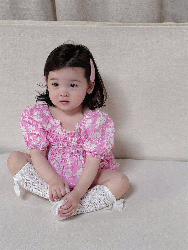 2024 Summer New Baby Girl Cute Puff Sleeve Bodysuit Newborn Toddler Flower Print Princess Jumpsuit Infant Cotton Clothes 0-24M