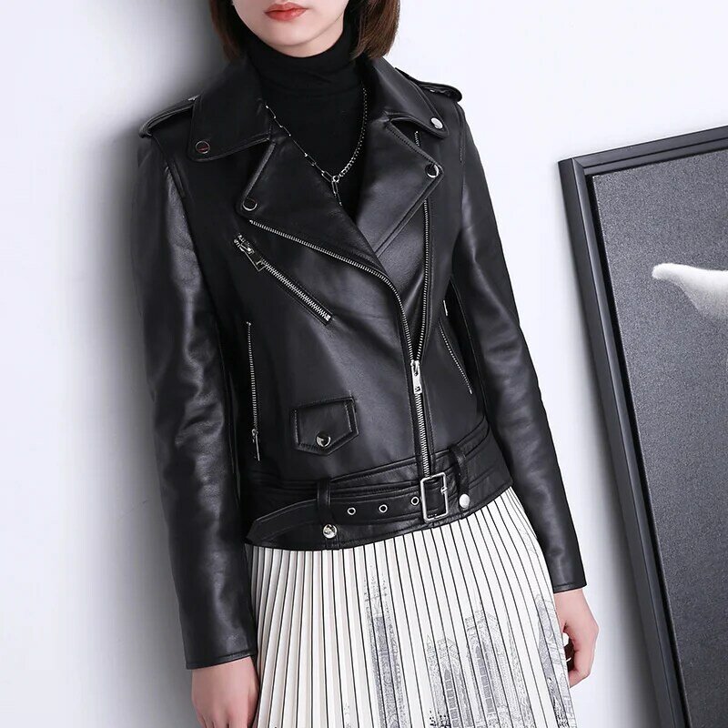 2024Leather leather coat  autumn winter new women zipper belt short handsome pink lambskin motorcycle jacket coa