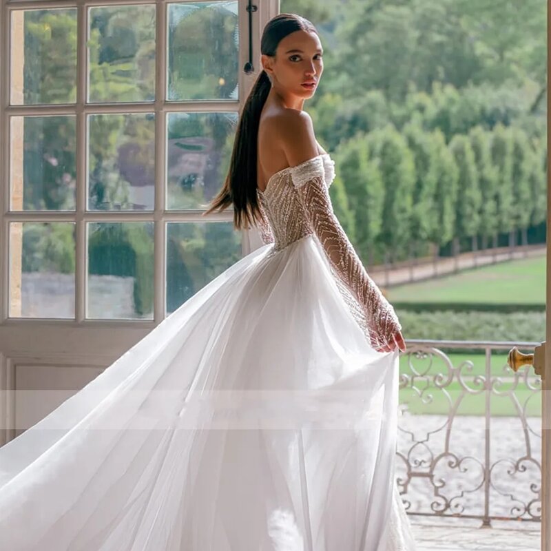 Modern Elegant Wedding Dresses Off The Shoulder Bridal Gowns With Detachable Train Lace Appliques Side Slit  Vestidos De Novia