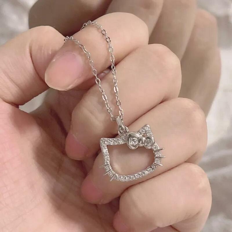Hello Kitty Necklace Anime Sanrioed Kawaii Lovers Ring Diamond Silver Necklace Adjustable Miss Girlfriend Birthday Festival Gift