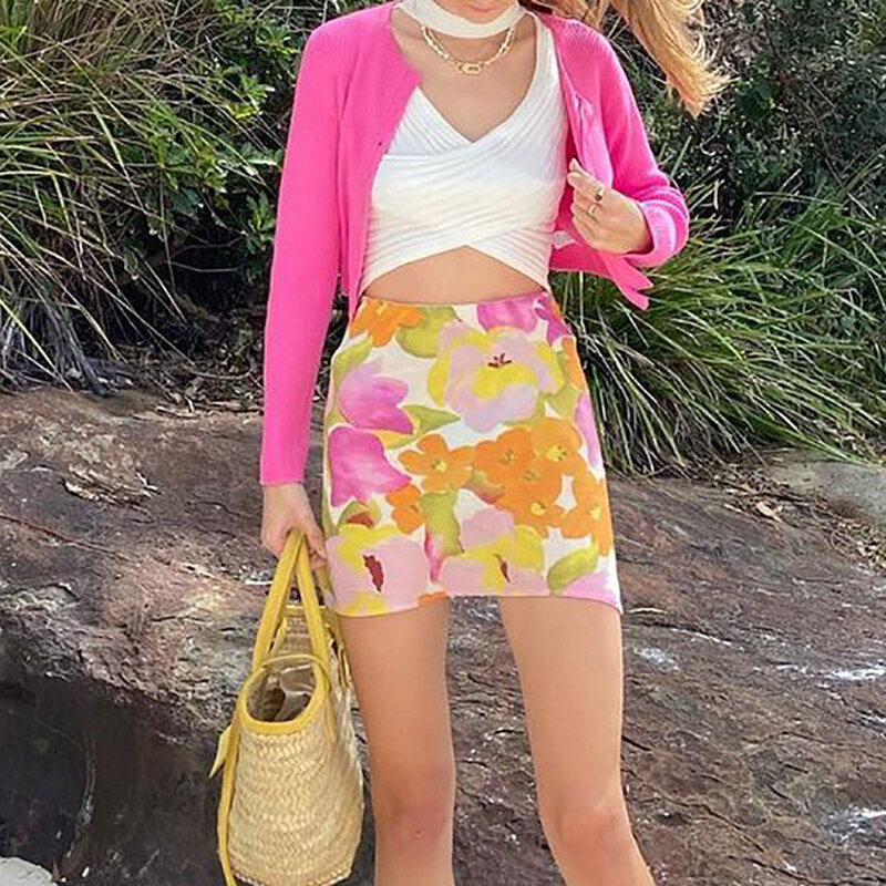 Rok Mini Wanita Pinggang Tinggi Pensil Midi Ramping Seksi Wanita Harajuku Y2k 2023 Rok Bunga Baru Modis Musim Panas Hijau Oranye