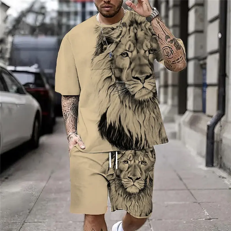 Plus Size 3D Lion Print Męska koszulka z krótkim rękawem Zestaw szortów do fitnessu sportowego Letni styl uliczny Ponadgabarytowa grafika 2 części Odzież męska