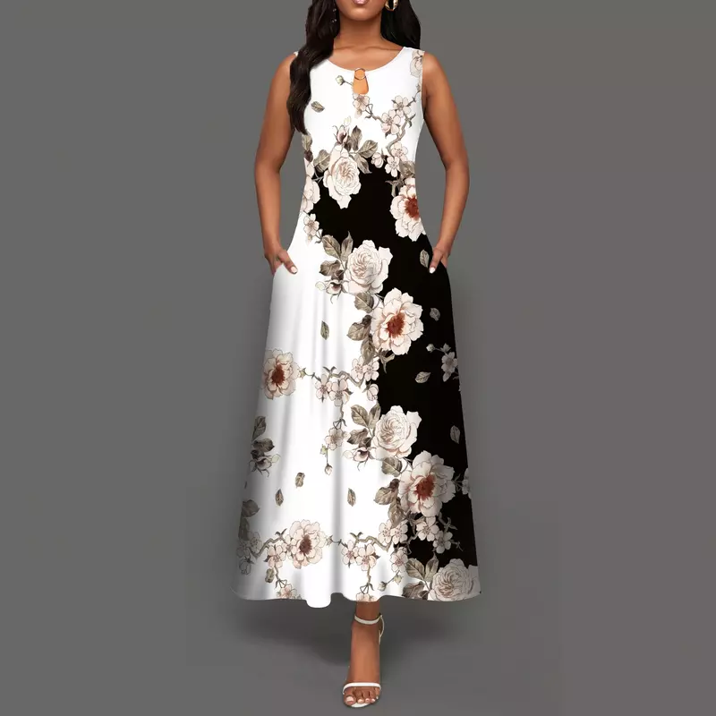 Gaun panjang kasual motif bunga wanita Gaun antik Bohemian ayun leher V Gaun baru 2024 pakaian jalanan