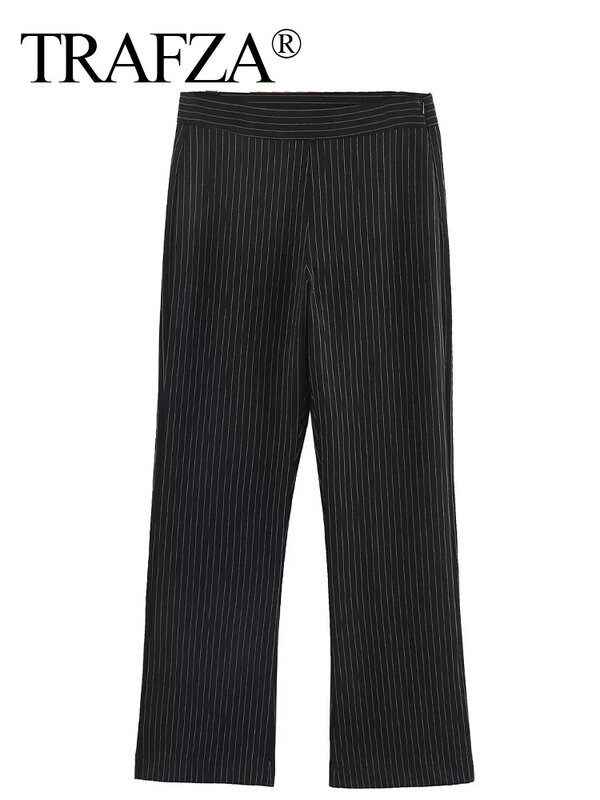 TRAFZA-pantalones de traje a rayas negras para mujer, pantalones de pierna recta de cintura alta, ropa de calle informal, moda Vintage, Primavera, nuevo