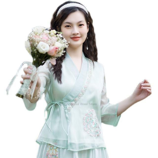 Blus tradisional, gaya Cina, setelan Tang ditingkatkan, blus sifon bordir bunga nasional, baju atasan Hanfu Retro