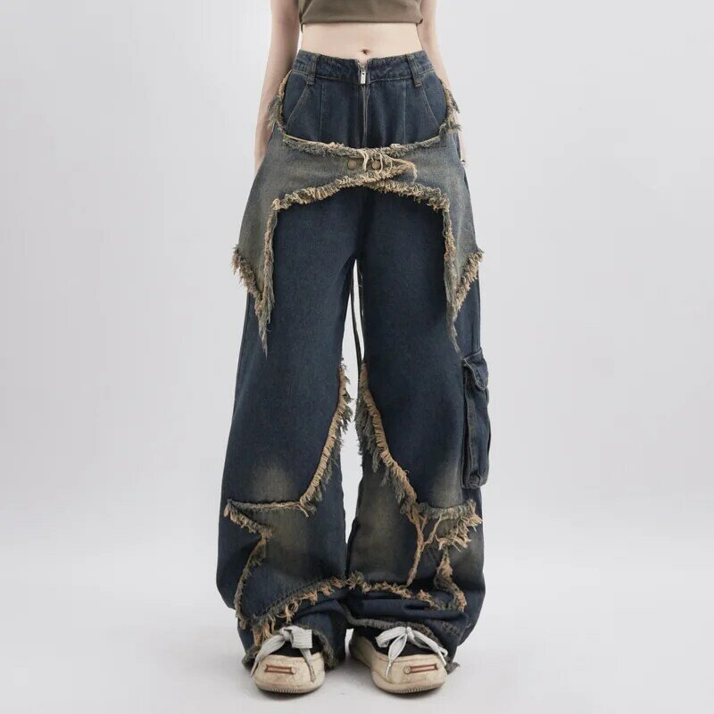 Calça jeans retrô reta longa, cintura alta feminina, contraste de cor, estilo americano, emenda de rua, estrela, perna larga, Hip Hop