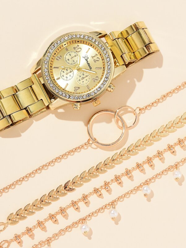5PCS orologio al quarzo rotondo in oro moda donna 3 occhi cinturino in lega regalo orologio con strass per Set di gioielli da donna