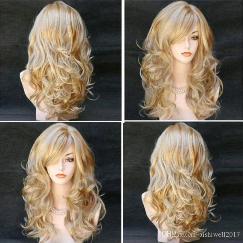 Длинный волнистый синтетический парик для женщин Bla/коричневый/золотистый, высокая плотность, температура волос, безклеевая волна, косплей, искусственные вьющиеся волосы, парик 11 стилей