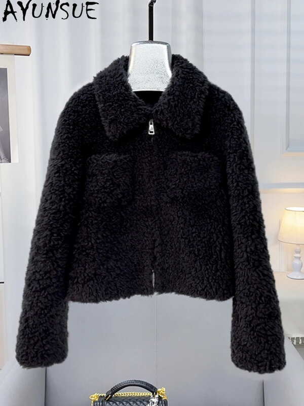 100% AYUNSUE Sheep Shearing Jacket for Women Autumn Winter Korean Short Granular Wool Coat Female Outerwears Casaco Feminino