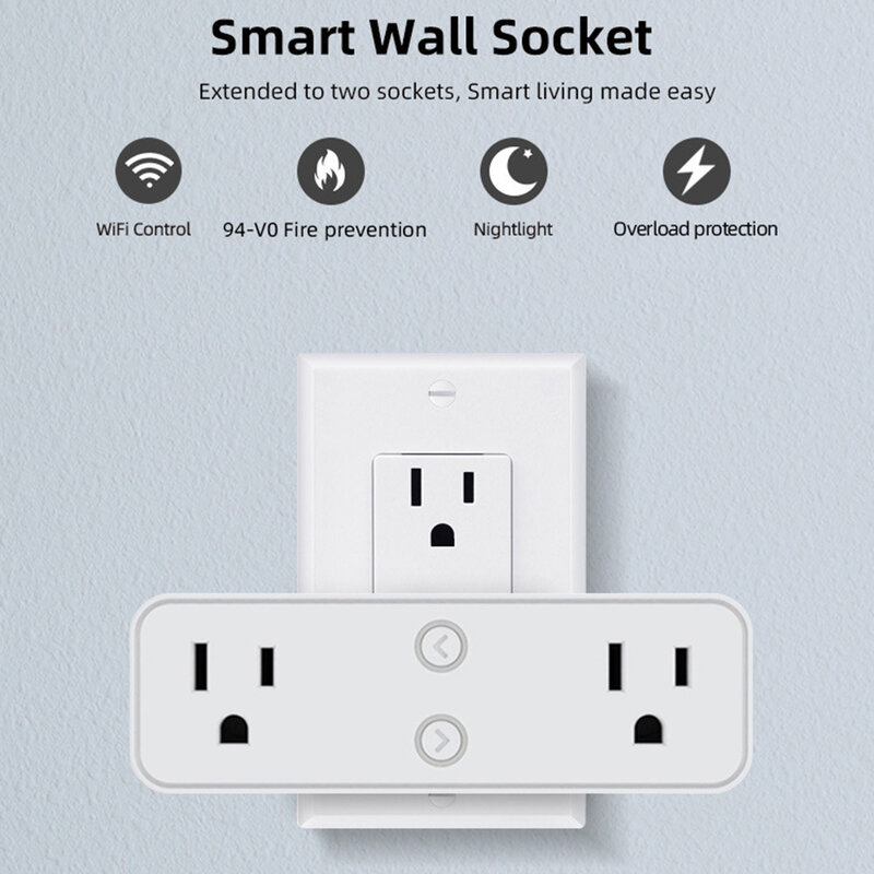 Dual Smart Plug Extensor de Saída WiFi, Controle Remoto, Sistema de Inteligência Familiar, Smartlife App, EUA, 100-240VAC, 50Hz, 60Hz