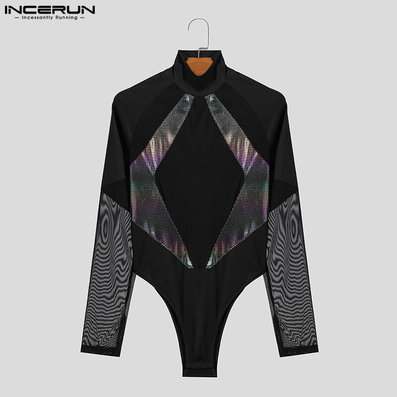 INCERUN-bodysuits malha para homens, meia gola alta, macacões de manga comprida, malha loungewear, bolinhas patchwork, moda sexy, S-5XL, 2022