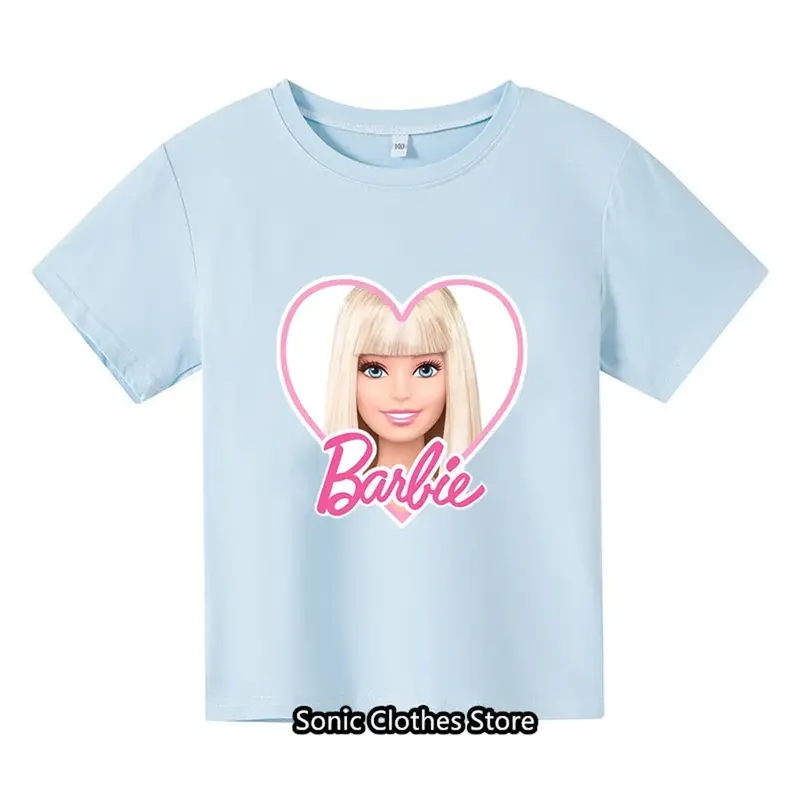 Barbie Kawaii camiseta de manga curta para meninos e meninas, anime de verão dos desenhos animados, gola redonda, camiseta branca Y2K, tops presentes