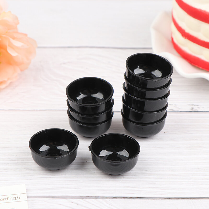 10 sztuk miniaturowe okrągłe czarne miski Model akcesoria kuchenne dla 1/12 skala lalki wystrój domu dzieci udawaj zabawki prezent