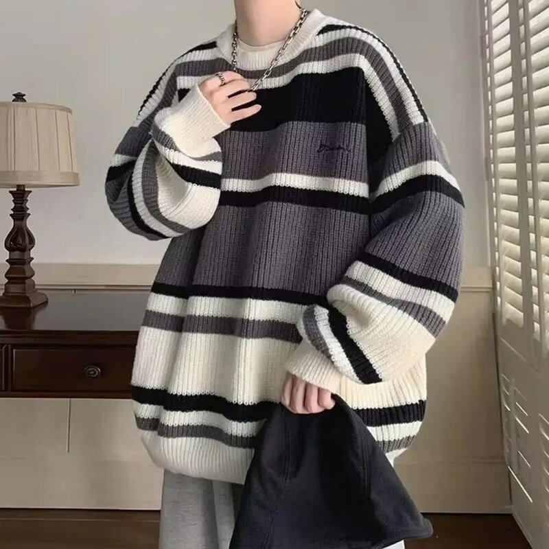 Men Color-blocked Sweater Japanese Style Colorblock Knitted Men's Sweater for Fall Winter Thick Warm Pullover with Long Sleeve