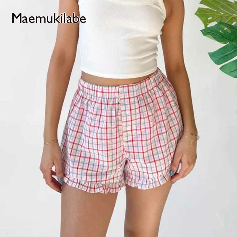 Maemukilabe-pantalones cortos de pijama con estampado a cuadros, Shorts elásticos holgados con botones para salón, Bóxer Kawaii con volantes, ropa de calle Y2K de hadas