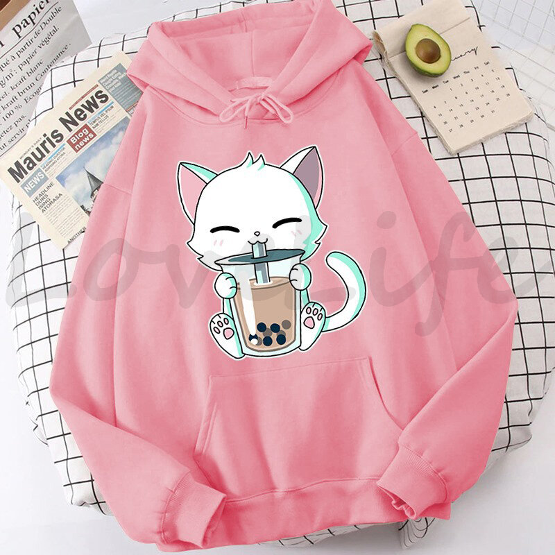 Animais boba chá hoodie gato bonito com capuz moletom harajuku hoodies crianças kawaii pulôver topos casuais roupas femininas casacos