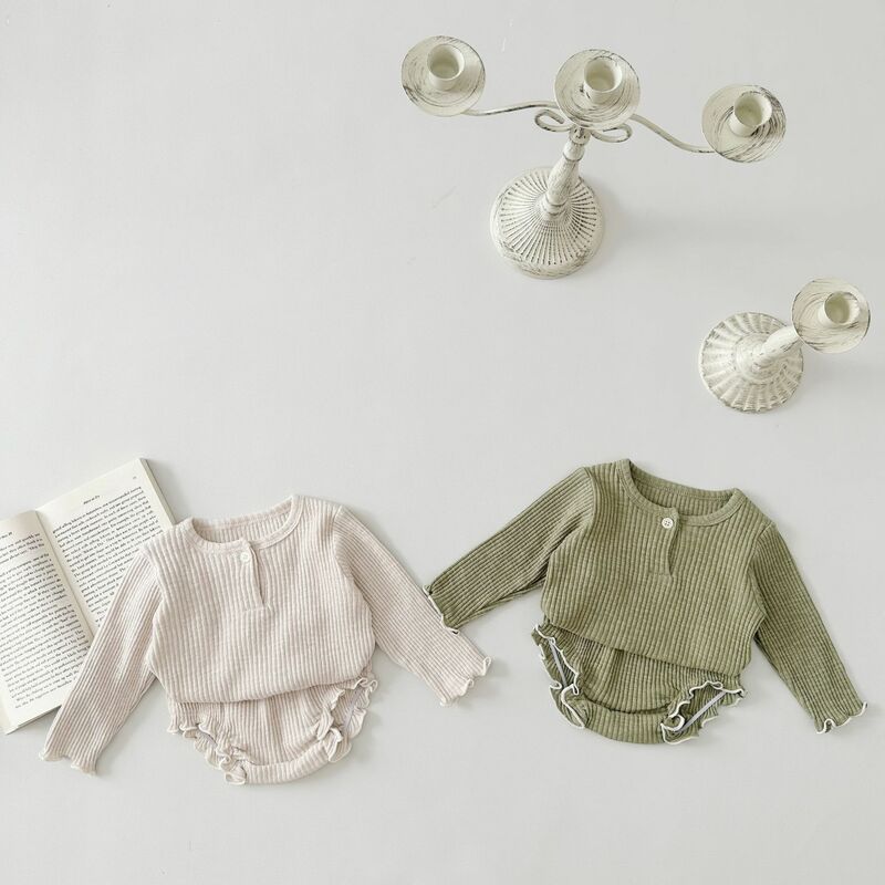 Conjunto de roupas de manga comprida para bebé, com nervuras sólidas, calções e calções para bebé, 0-24M, primavera, novo, 2 peças, 2022