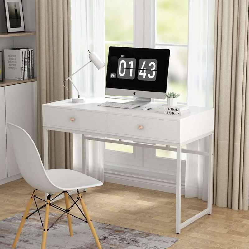 Tribesigns 컴퓨터 책상, 모던 심플 47 인치 홈 오피스 책상, 공부 테이블 쓰기 책상, 2 개의 보관 서랍, 메이크업 화장대