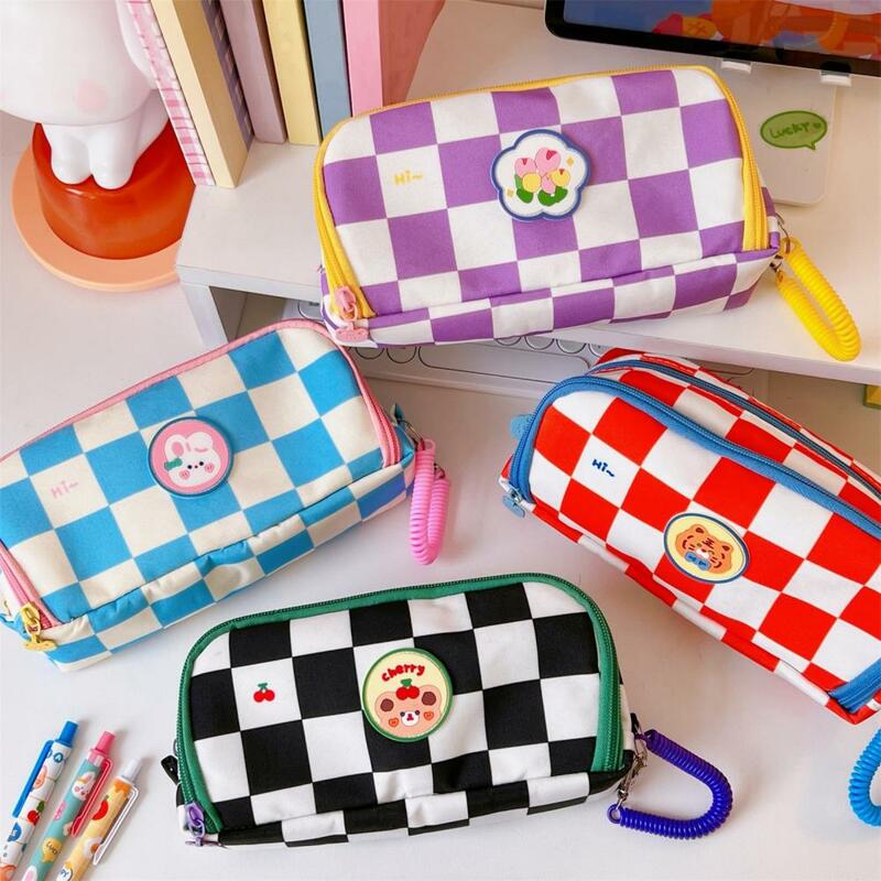 Practical Pencil Bag  Soft-touching Portable Stationery Case  Checkerboard Pattern Pencil Pouch