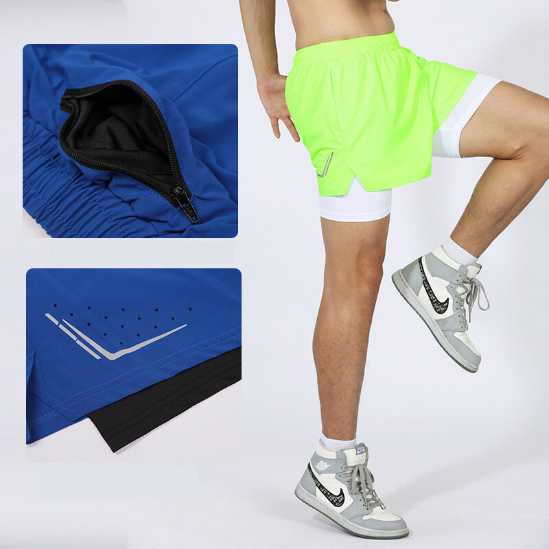 (XS-3XL) Мужские дышащие спортивные шорты для марафона бега свободного кроя легкая атлетика быстросохнущие двухслойные шорты для фитнеса с задним карманом