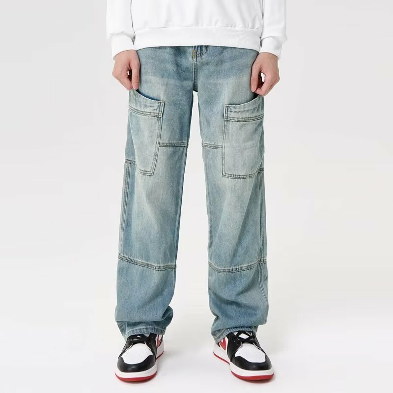 2023 Y2K Fashion Side Pockets New Kpop Baggy Jeans Pants Men Clothing Straight Korean Casual Elegant Denim Trousers Ropa Hombre