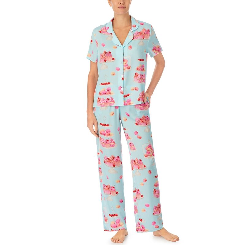 Graphic Print Loose Lapel Neck Button Down Short Sleeve Blouse Tops + Elastic Waist Pants Pajama Summer Women 2 Piece Lounge Set
