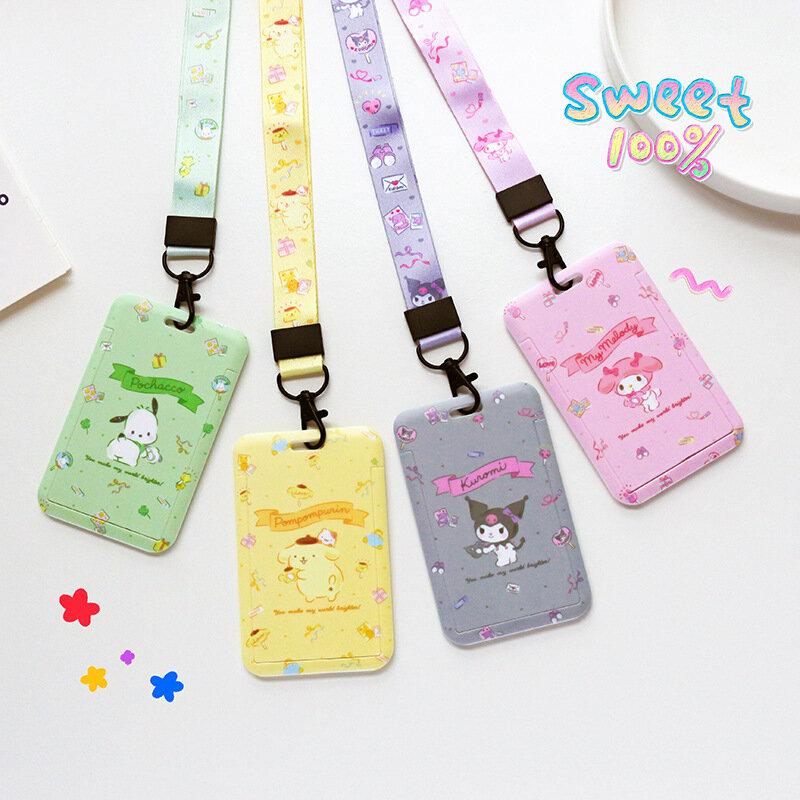 New Hello Kitty Melody Kulomi Student Campus Hanging Neck Bag Sanrio Anime Pvc Card Holder Lanyard ID Protective Case Gifts