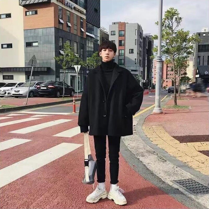 Jaqueta de lã preta Harajuku masculina, casaco solto, roupas de inverno extragrandes, streetwear coreano, jaquetas grossas, plus size, moda