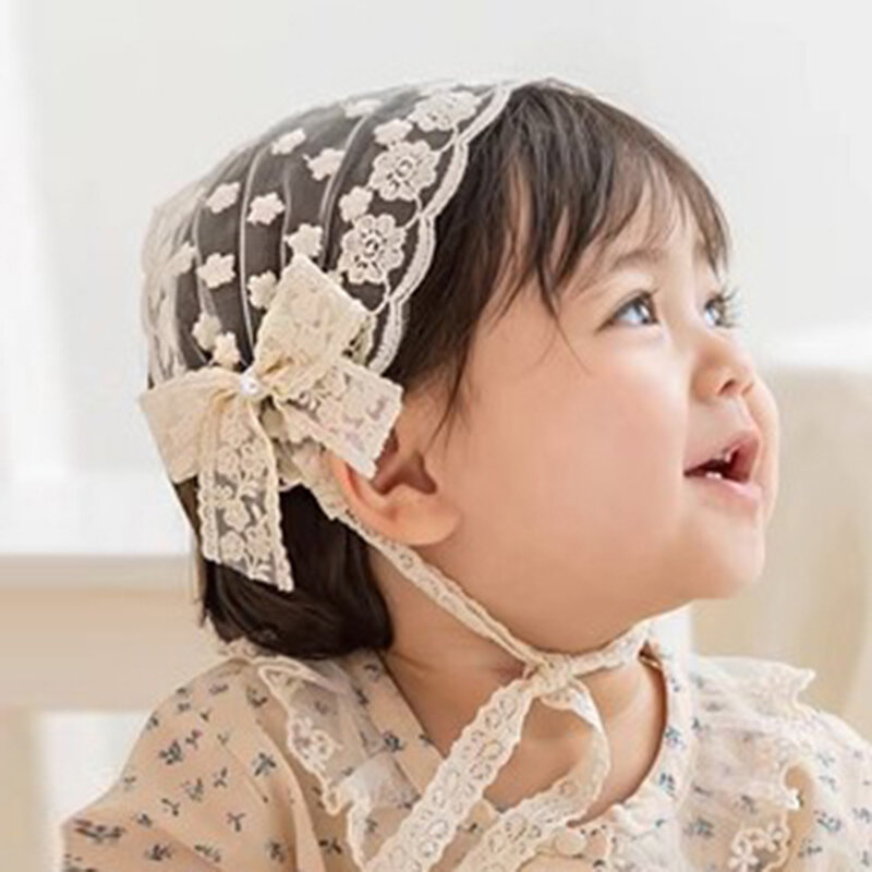 Bando renda bordir bayi perempuan, ikat rambut jala bernafas musim panas untuk putri balita yang dapat disesuaikan