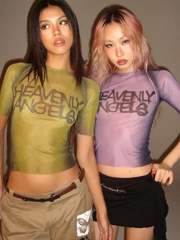 Camisetas de malla transparente para mujer, ropa de manga corta con cuello redondo, estampado de monograma, Sexy, a la moda