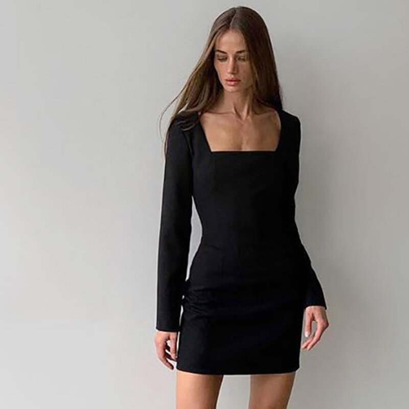 Długie rękawy mała czarna sukienki na formalna okazja маленькое черное плацие suknia wieczorowa kolano długość sukienek