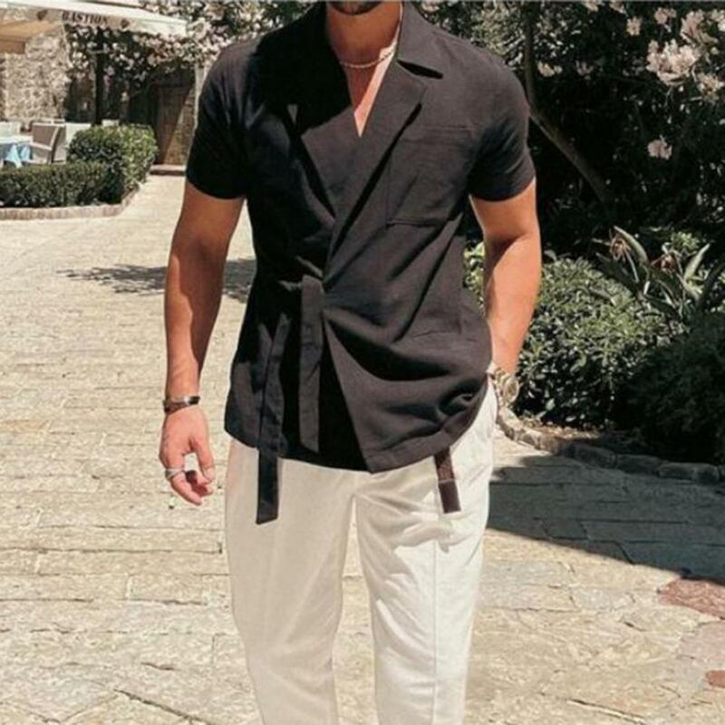 Letnia bielizna w jednym kolorze z krótkim rękawem strój z koszulką z klapą francuski elegancki dżentelmen luźna prosta bluzka odzież męska