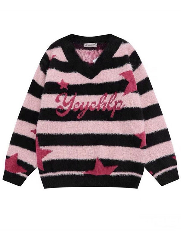 Deeptown Cyber Y2K Harajuku Star maglione a righe donna Vintage Hip Hop maglione lavorato a maglia oversize Grunge Casual top E-girl 2000s