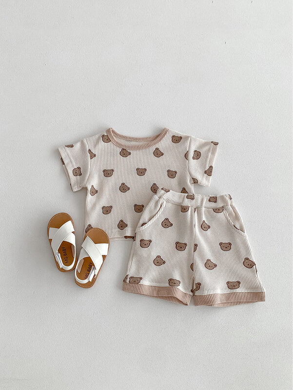 Newborn Summer Short Sleeve Outfits Boy Infant Cartoon Bear Casual Tops + Shorts 2pcs Girl Baby Print Thin Loose T-shirt Set