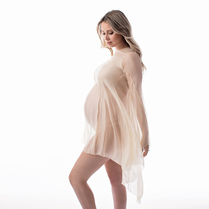 Kobiety w ciąży rekwizyty fotograficzne z perspektywy sukienka ciążowa seksowna przezroczysta szyfonowa rękaw typu Pagoda do zdjęć do studia