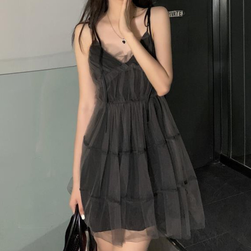 Сексуальные готические женские платья HOUZHOU, черное Короткое мини-платье без рукавов с V-образным вырезом, Сетчатое привлекательное винтажное цельнокроеное летнее платье
