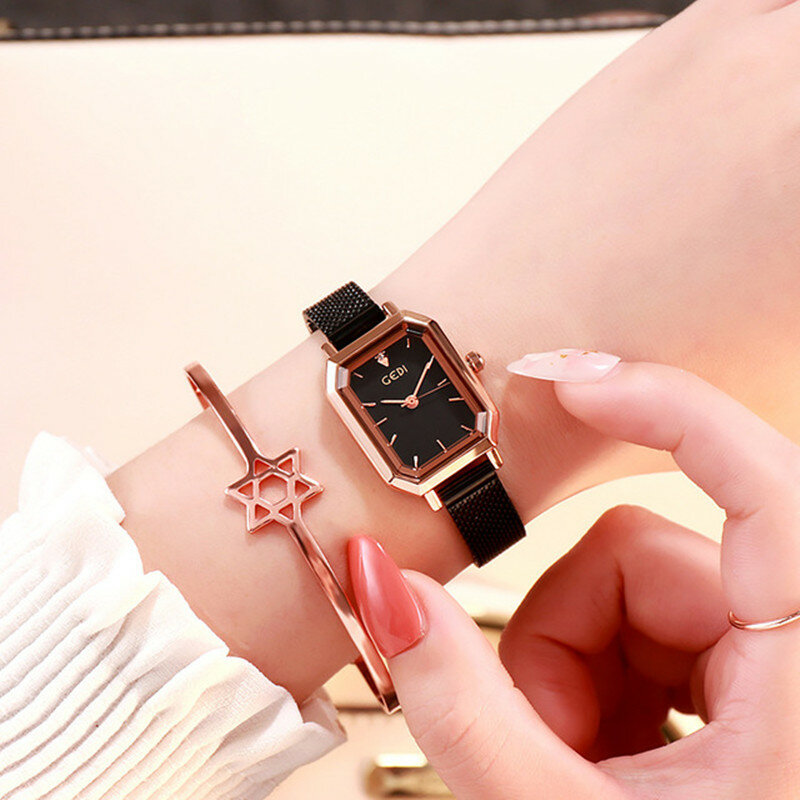 Relógio de cristal para mulheres, ouro rosa, impermeável, relógios quadrados, aço inoxidável, relógios de pulso femininos, INS Luxury Brand, Dress