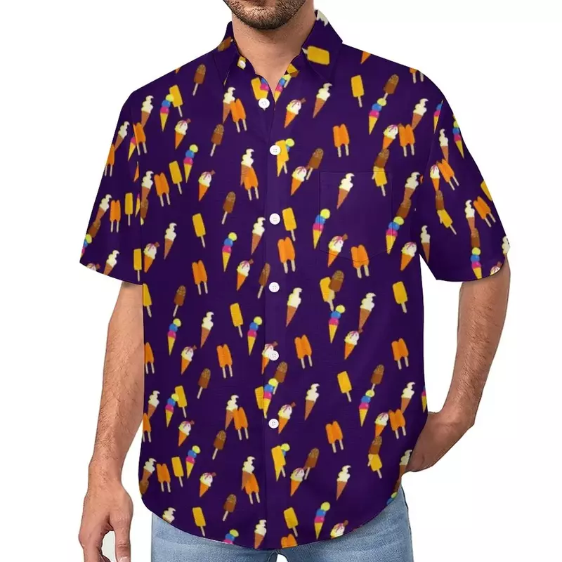 남성용 아이스크림 프린트 하와이 셔츠, 시원하고 캐주얼 비치 라펠 탑, 만화 패턴 프린트 셔츠, 여름